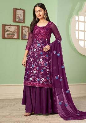 Purple Embroidered Georgette Kurta Set