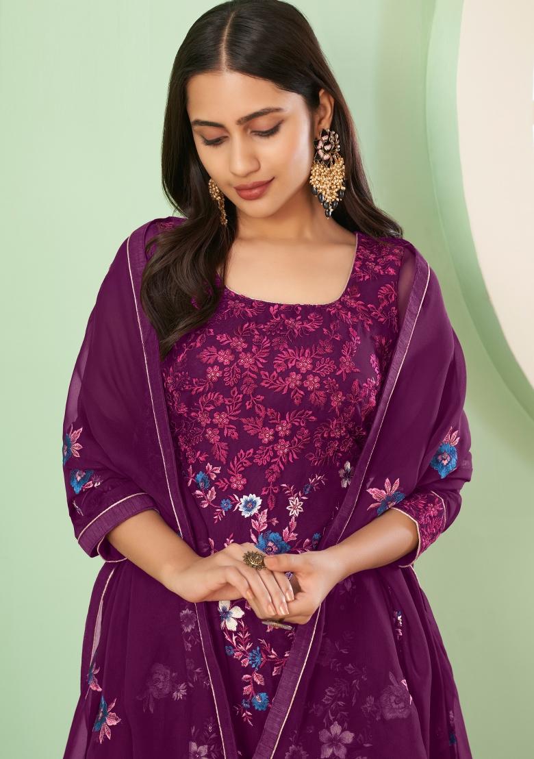 Purple Embroidered Georgette Kurta Set - Indya