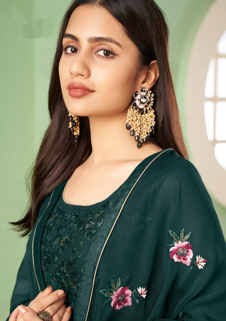 Green Embroidered Georgette Kurta Set - Indya