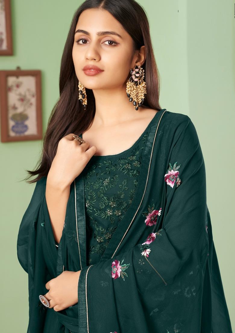 Green Embroidered Georgette Kurta Set - Indya