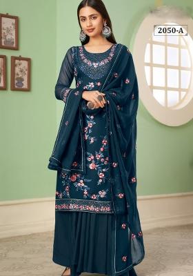 Teal Blue Embroidered Georgette Kurta Set