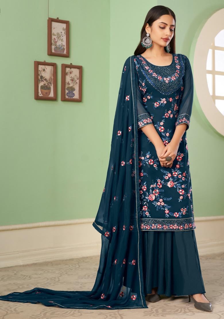 Teal Blue Embroidered Georgette Kurta Set - Indya