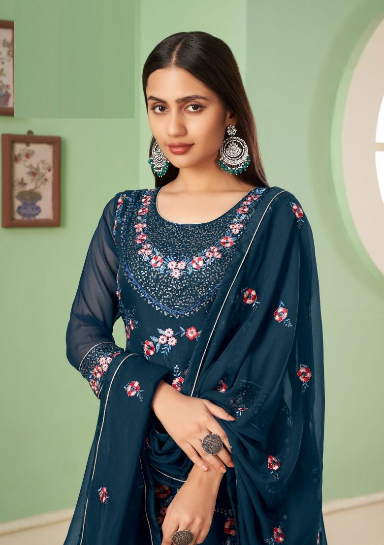 Teal Blue Embroidered Georgette Kurta Set - Indya