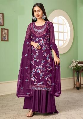 Purple Embroidered Georgette Kurta Set