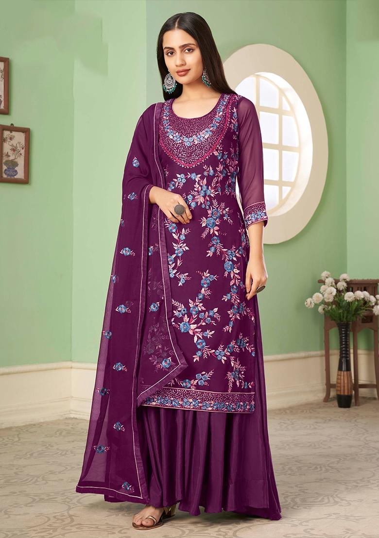 Purple Embroidered Georgette Kurta Set - Indya