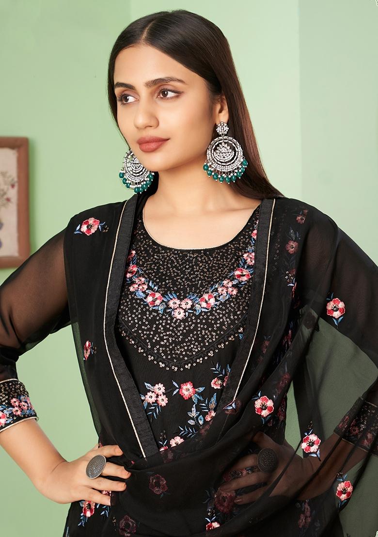 Black Embroidered Georgette Kurta Set - Indya