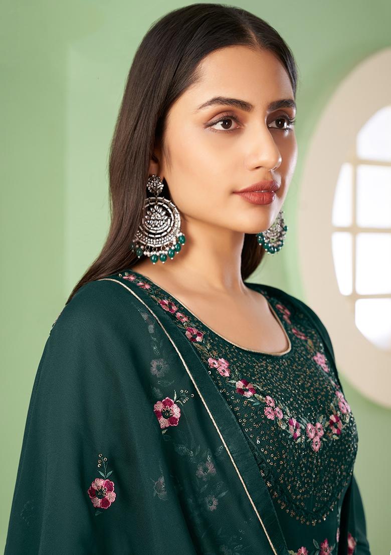 Green Embroidered Georgette Kurta Set - Indya