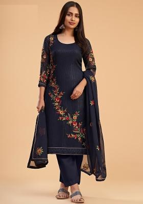 Blue Embroidered Georgette Kurta Set