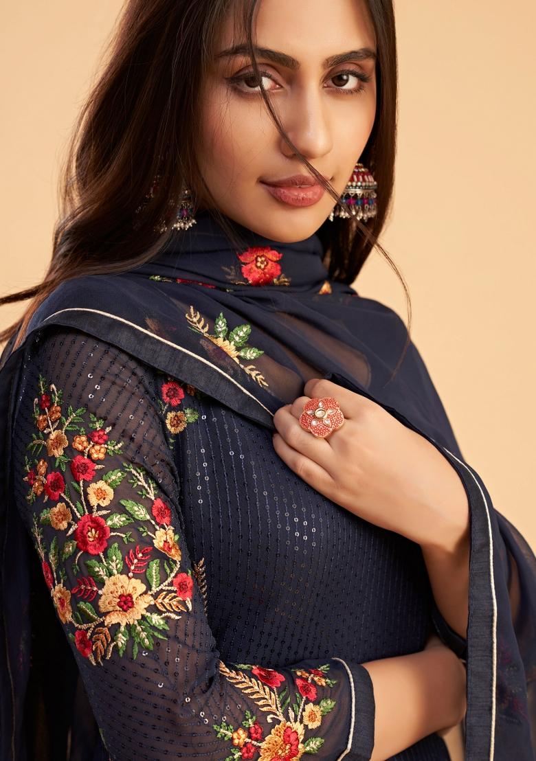 Blue Embroidered Georgette Kurta Set - Indya