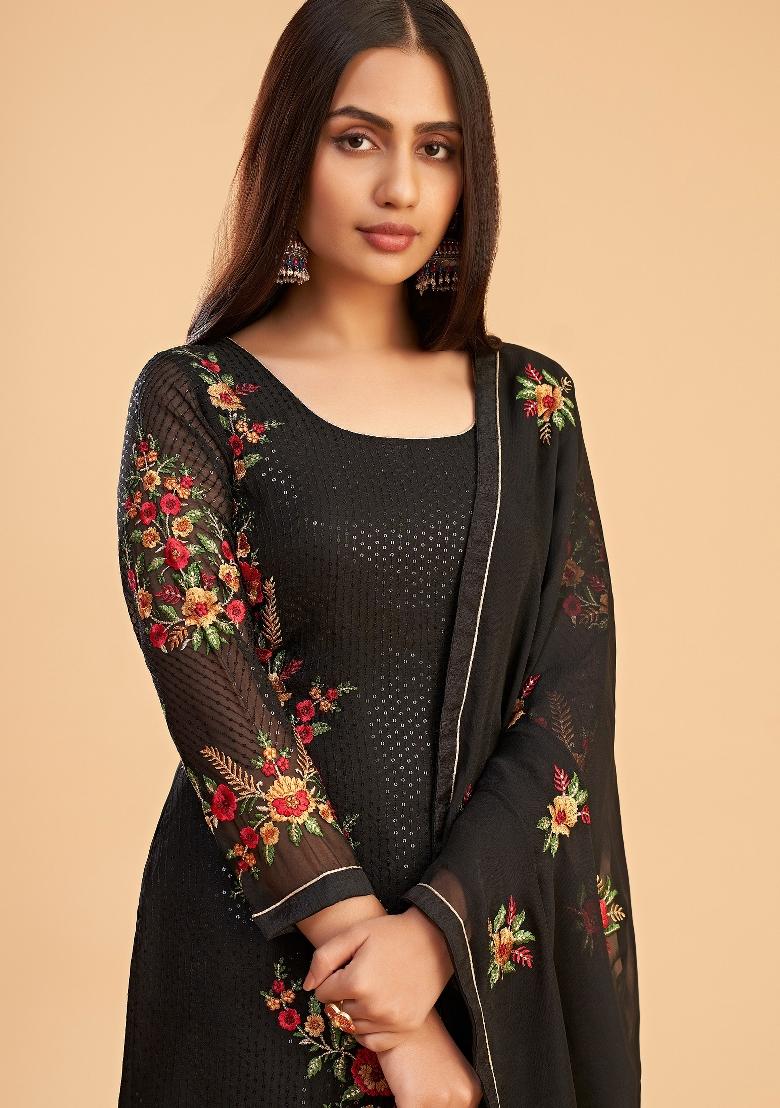 Black Embroidered Georgette Kurta Set - Indya