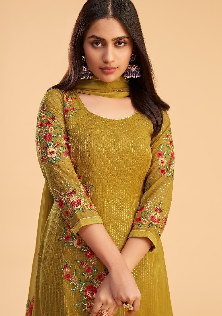 Yellow Embroidered Georgette Kurta Set - Indya