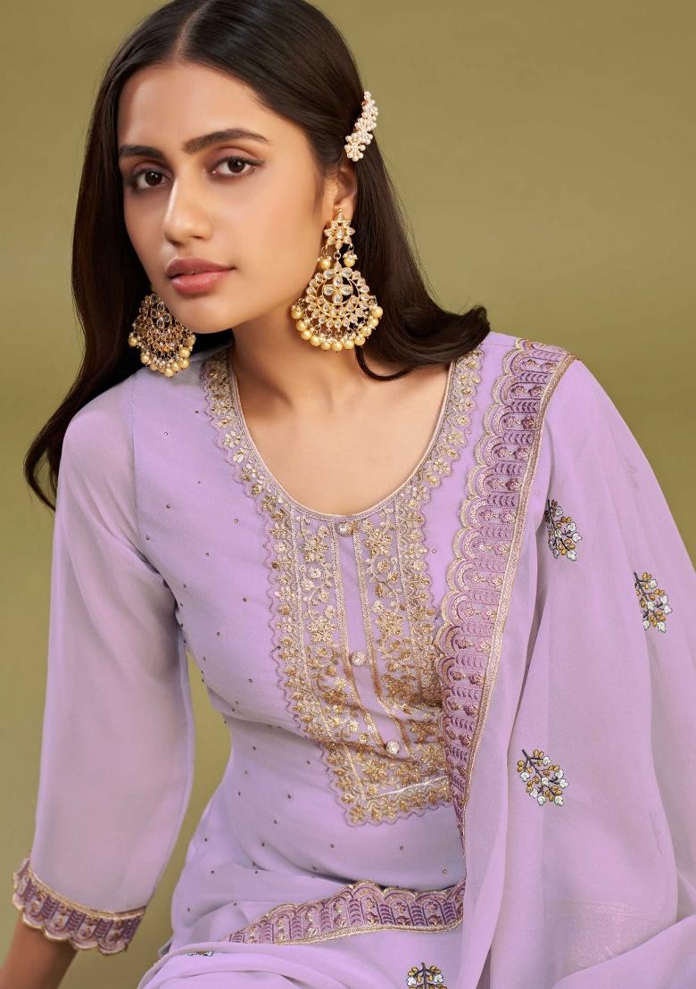 Lavender Embroidered Georgette Kurta Set - Indya