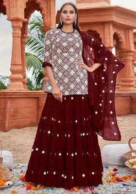 Maroon Embroidered Georgette Kurta Set