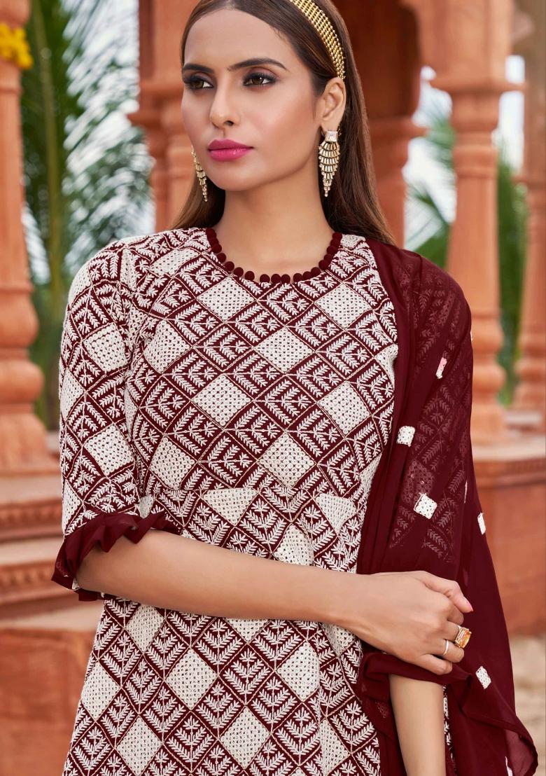 Maroon Embroidered Georgette Kurta Set - Indya