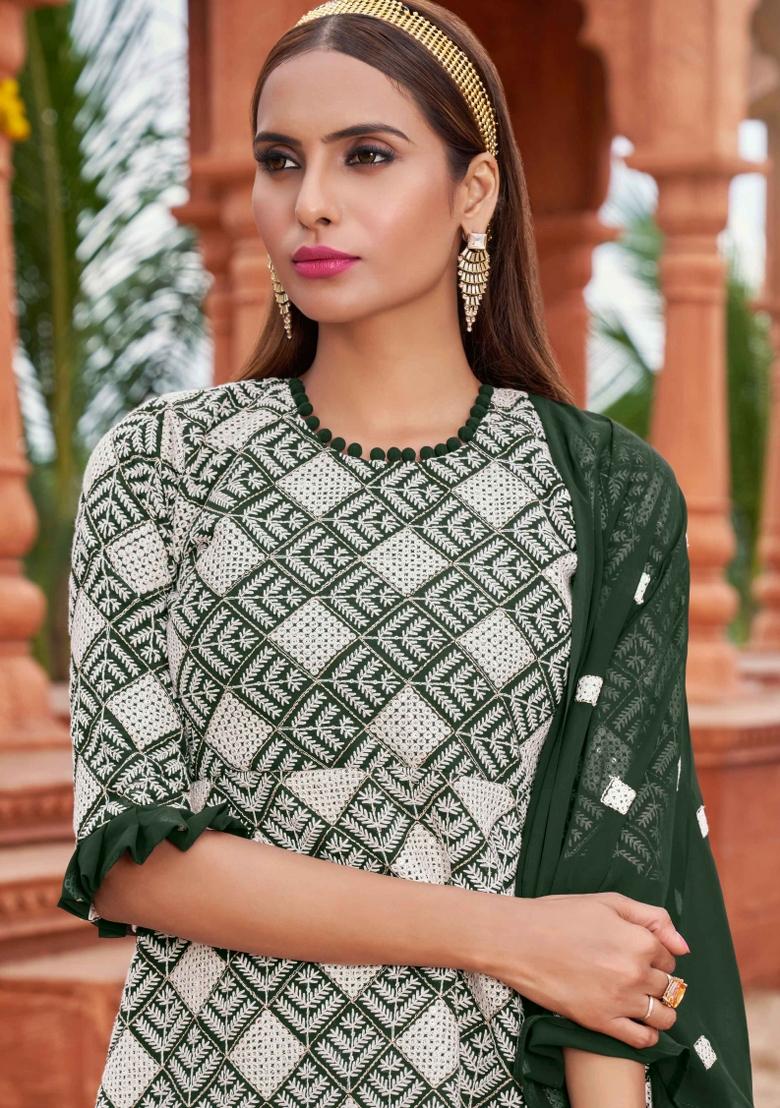 Green Embroidered Georgette Kurta Set - Indya
