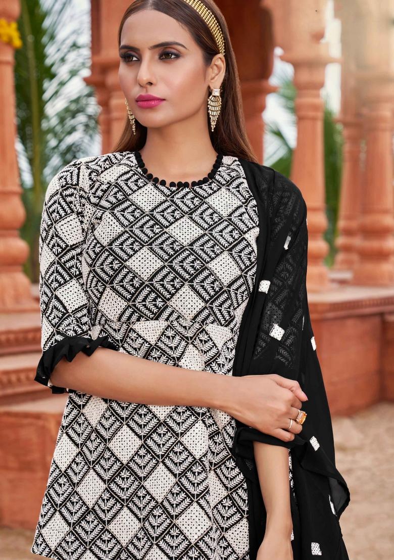 Black Embroidered Georgette Kurta Set - Indya