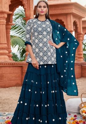 Teal Blue Embroidered Georgette Kurta Set