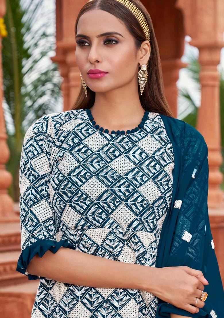 Teal Blue Embroidered Georgette Kurta Set - Indya