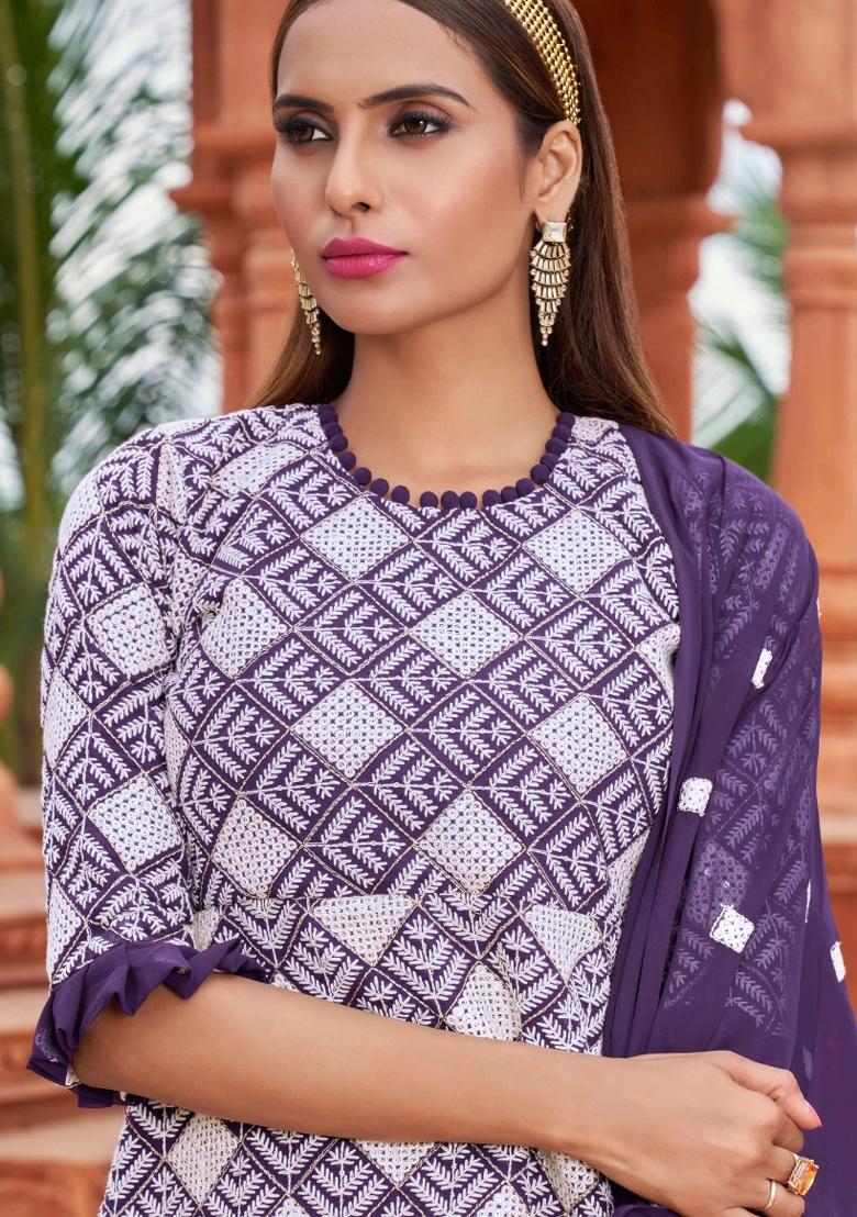 Purple Embroidered Georgette Kurta Set - Indya