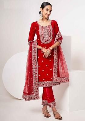 Red Embroidered Velvet Kurta Set