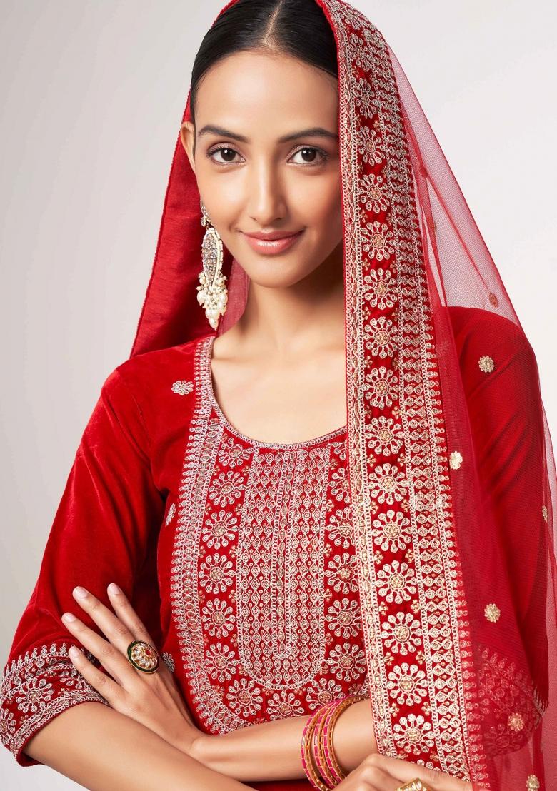 Red Embroidered Velvet Kurta Set - Indya