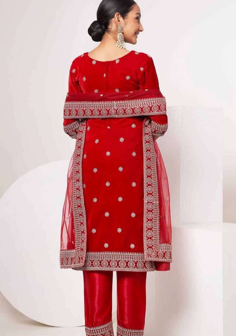 Red Embroidered Velvet Kurta Set - Indya