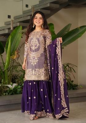 Purple Embroidered Silk Kurta Set