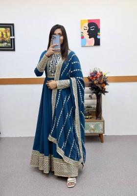 Blue Embroidered Georgette Kurta Set