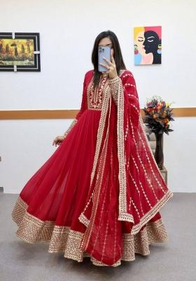 Red Embroidered Georgette Kurta Set