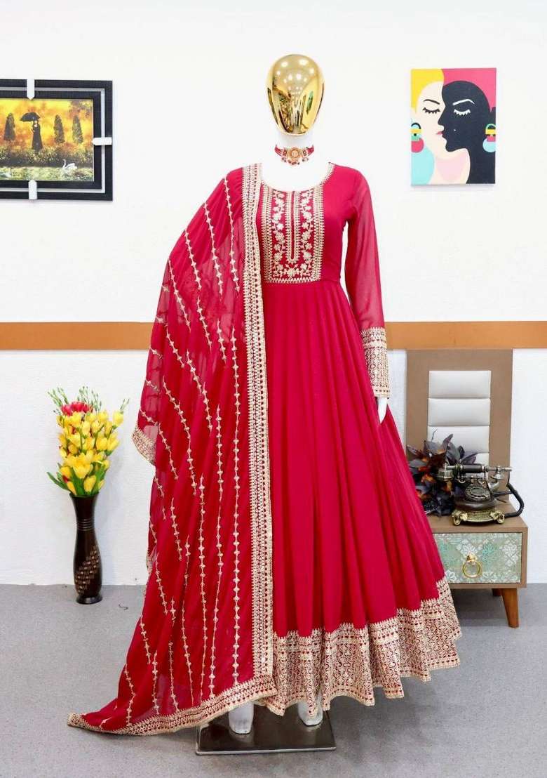 Red Embroidered Georgette Kurta Set - Indya