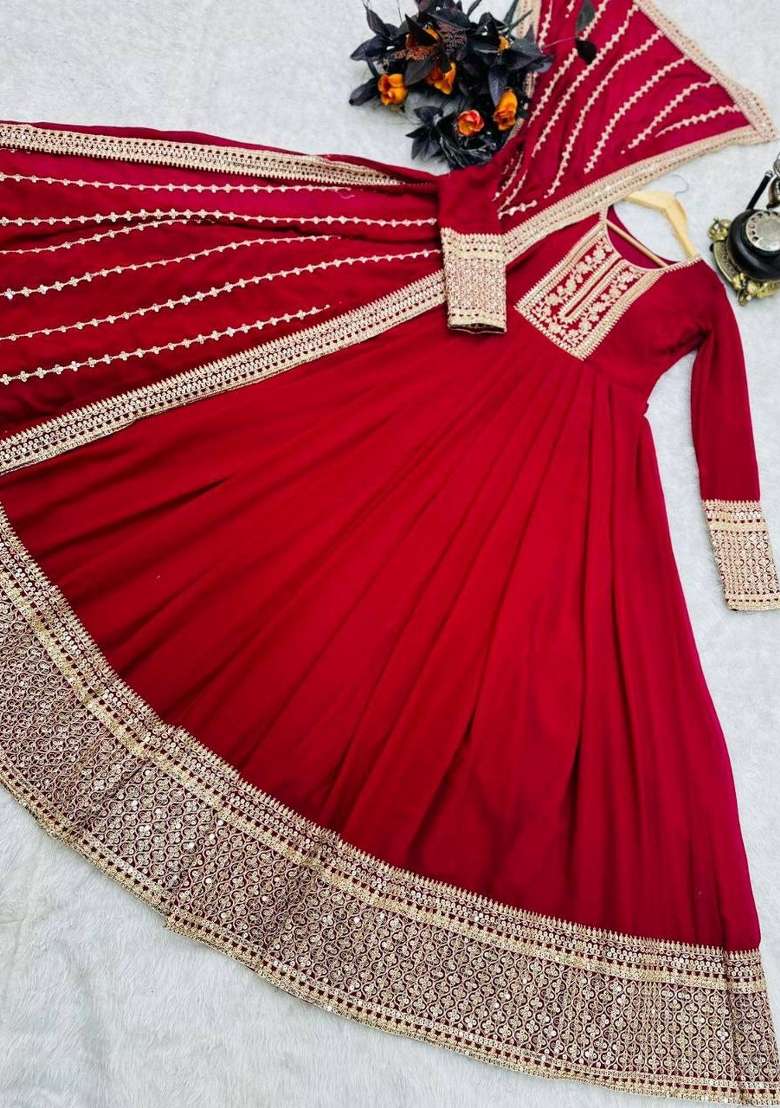 Red Embroidered Georgette Kurta Set - Indya