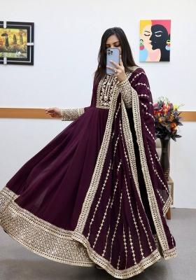 Wine Embroidered Georgette Kurta Set