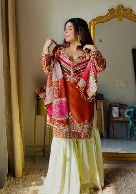 Orange Embroidered Silk Kurta Set