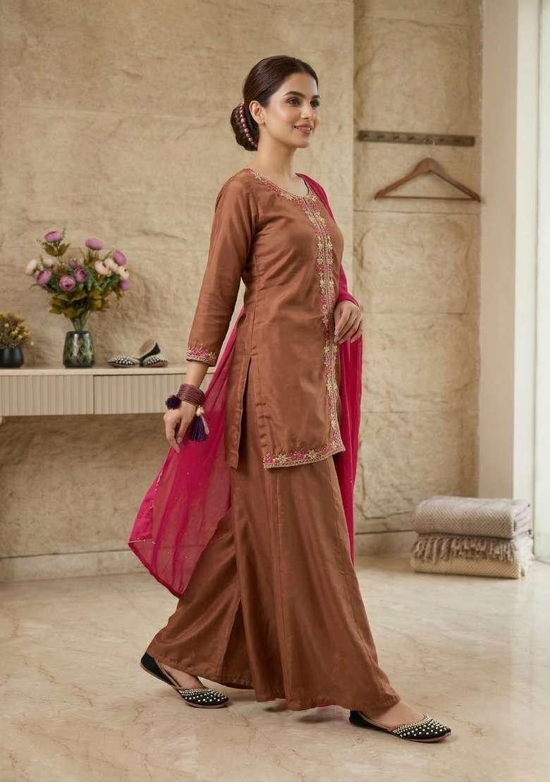 Brown Embroidered Silk Sharara Set - Indya