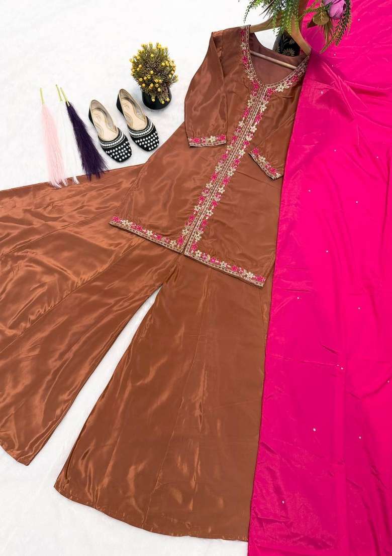 Brown Embroidered Silk Sharara Set - Indya