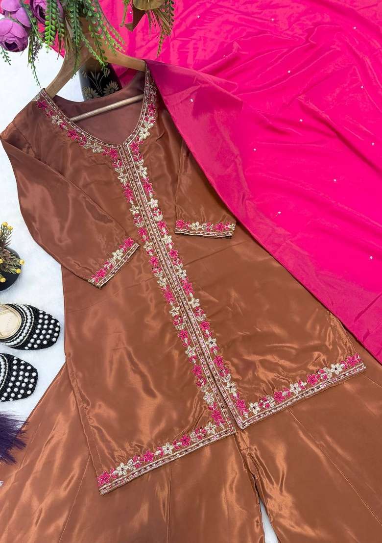 Brown Embroidered Silk Sharara Set - Indya