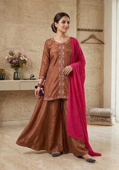 Brown Embroidered Silk Sharara Set