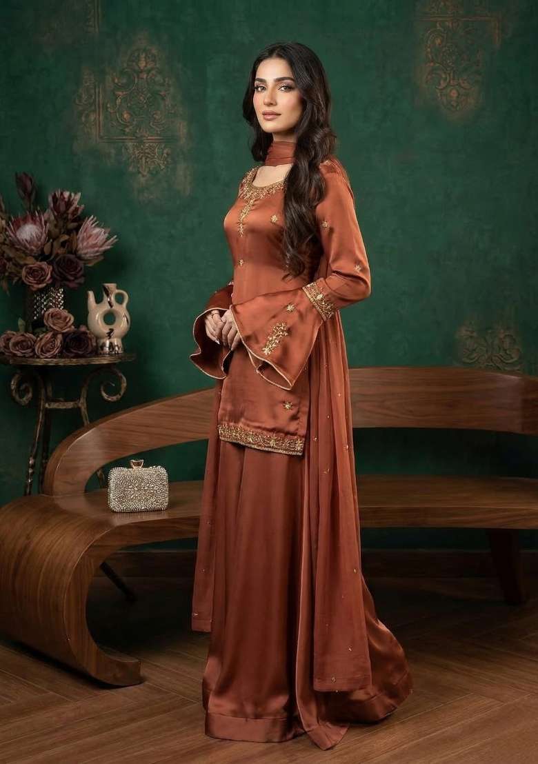 Brown Embroidered Silk Sharara Set - Indya
