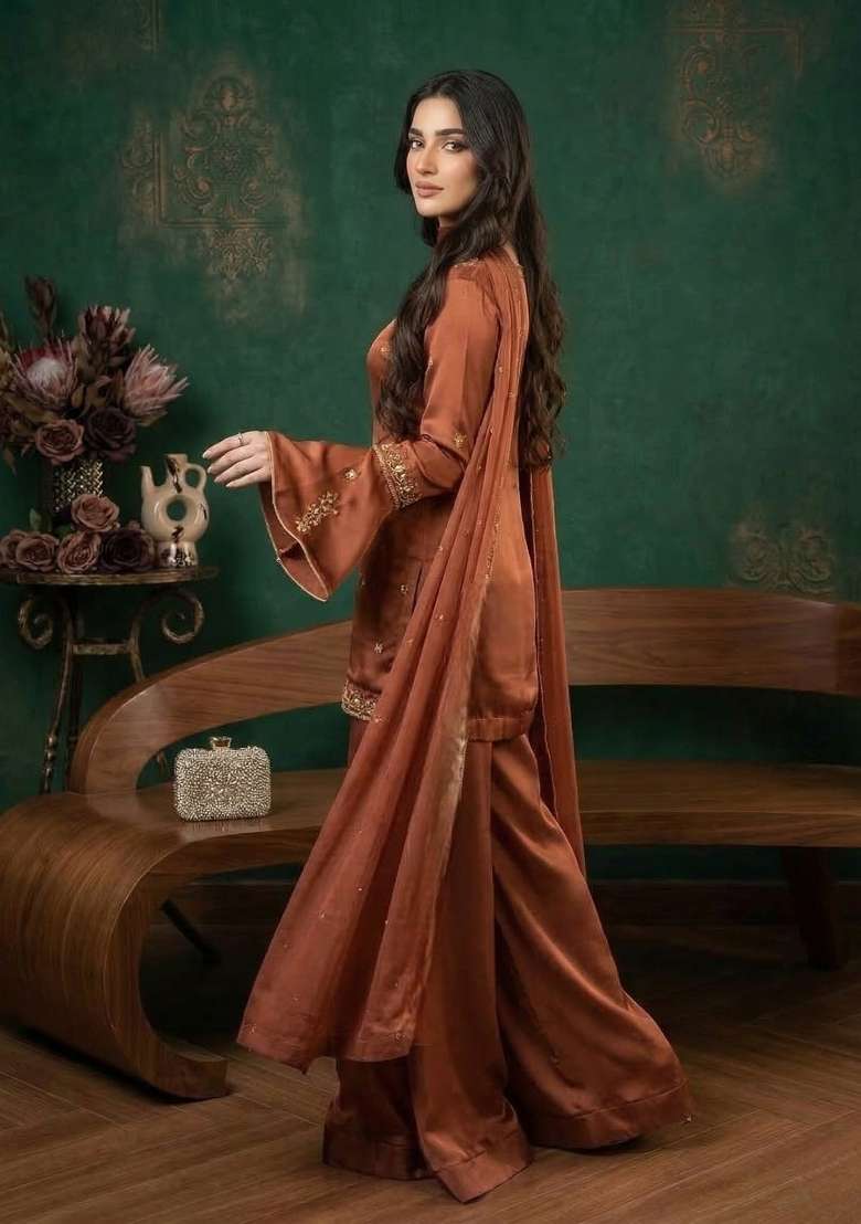 Brown Embroidered Silk Sharara Set - Indya