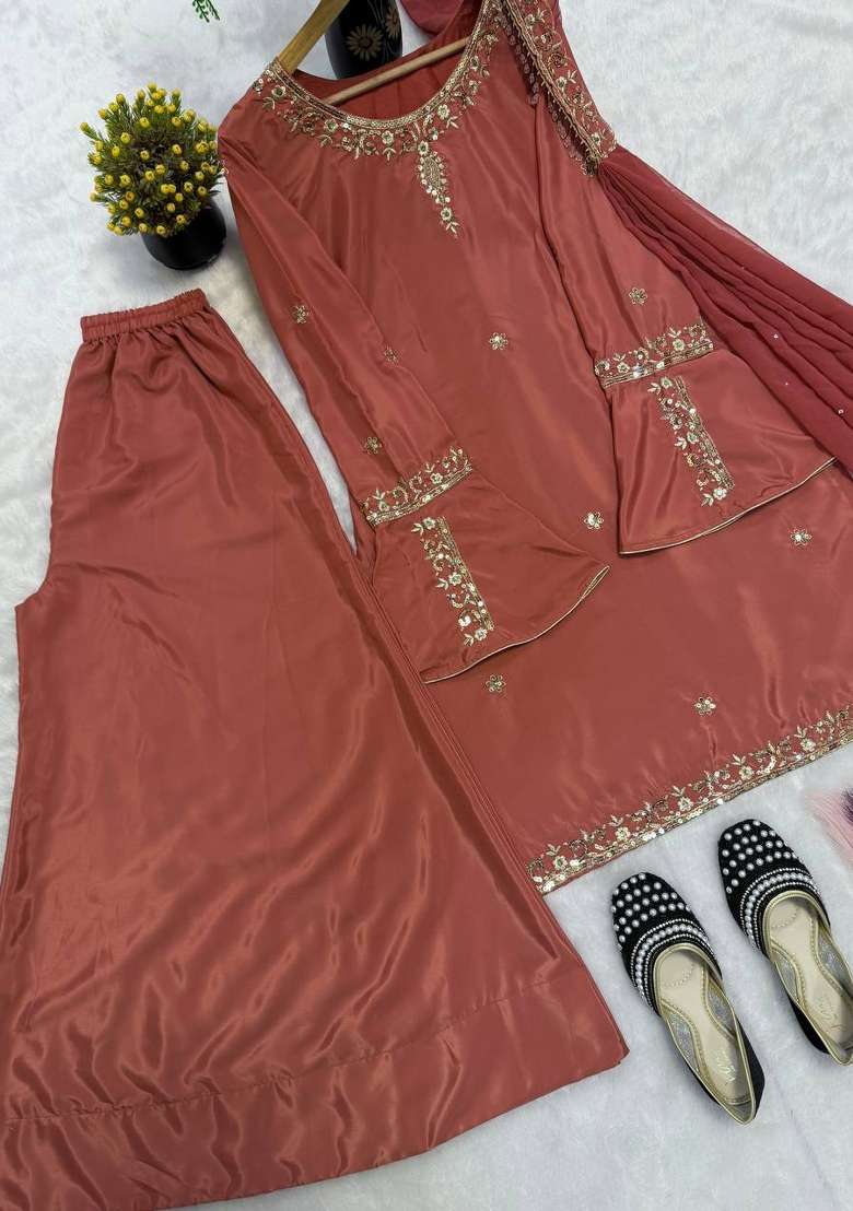 Brown Embroidered Silk Sharara Set - Indya