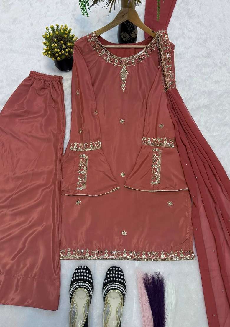 Brown Embroidered Silk Sharara Set - Indya