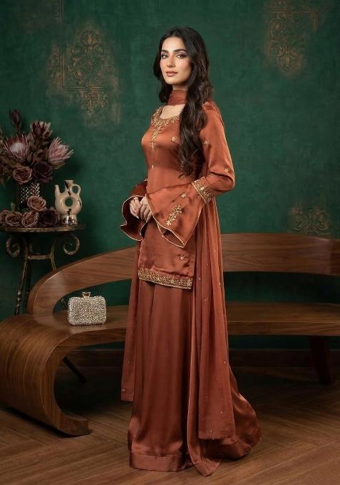 Brown Embroidered Silk Sharara Set