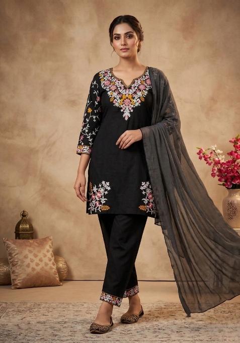 Black Embroidered Silk Sharara Set