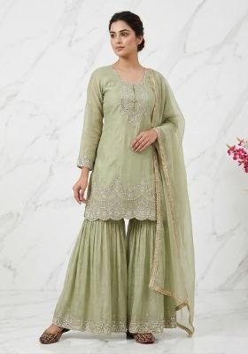 Green Embroidered Silk Sharara Set