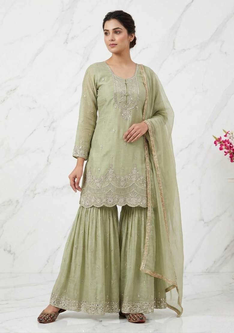 Green Embroidered Silk Sharara Set - Indya