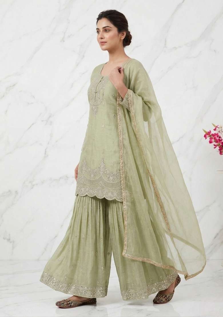 Green Embroidered Silk Sharara Set - Indya
