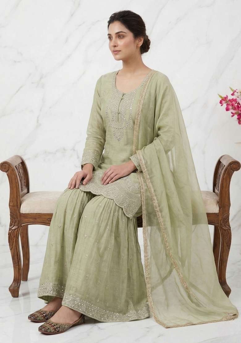 Green Embroidered Silk Sharara Set - Indya