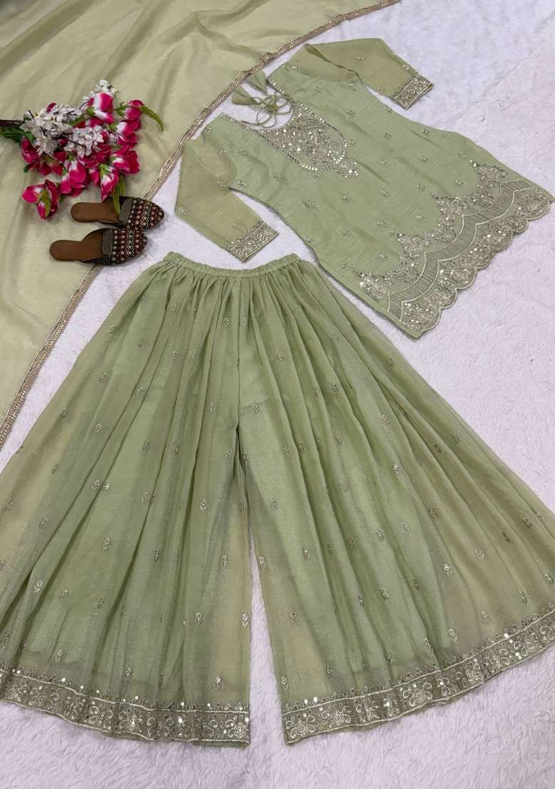 Green Embroidered Silk Sharara Set - Indya