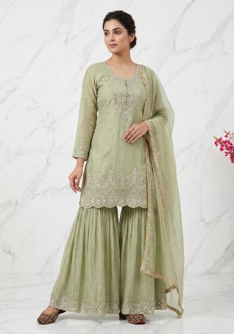 Green Embroidered Silk Sharara Set