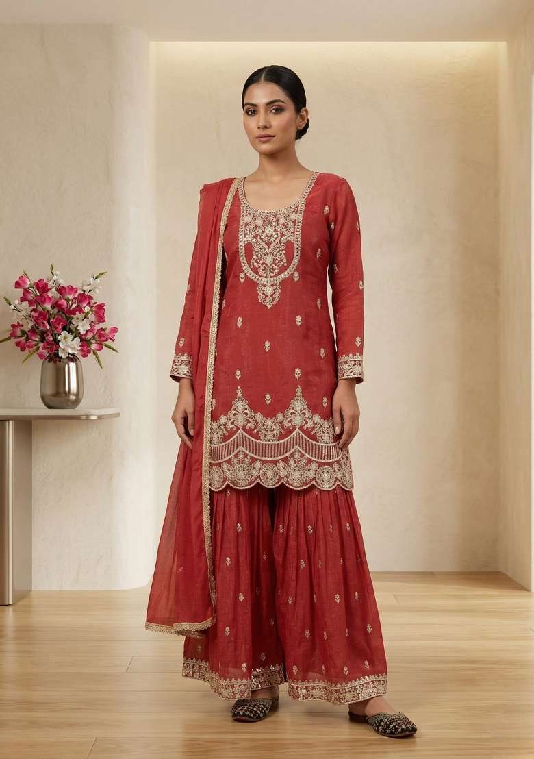 Red Embroidered Silk Sharara Set - Indya
